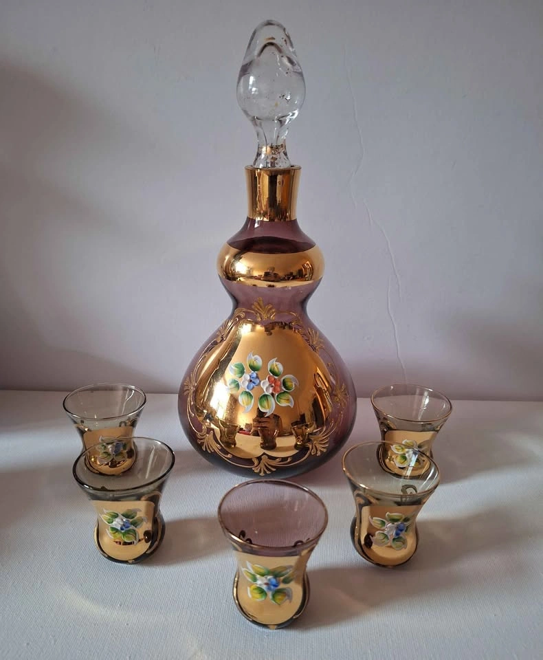 Vintage Purple Glass Decanter Set with Gold Overlay - photo 2