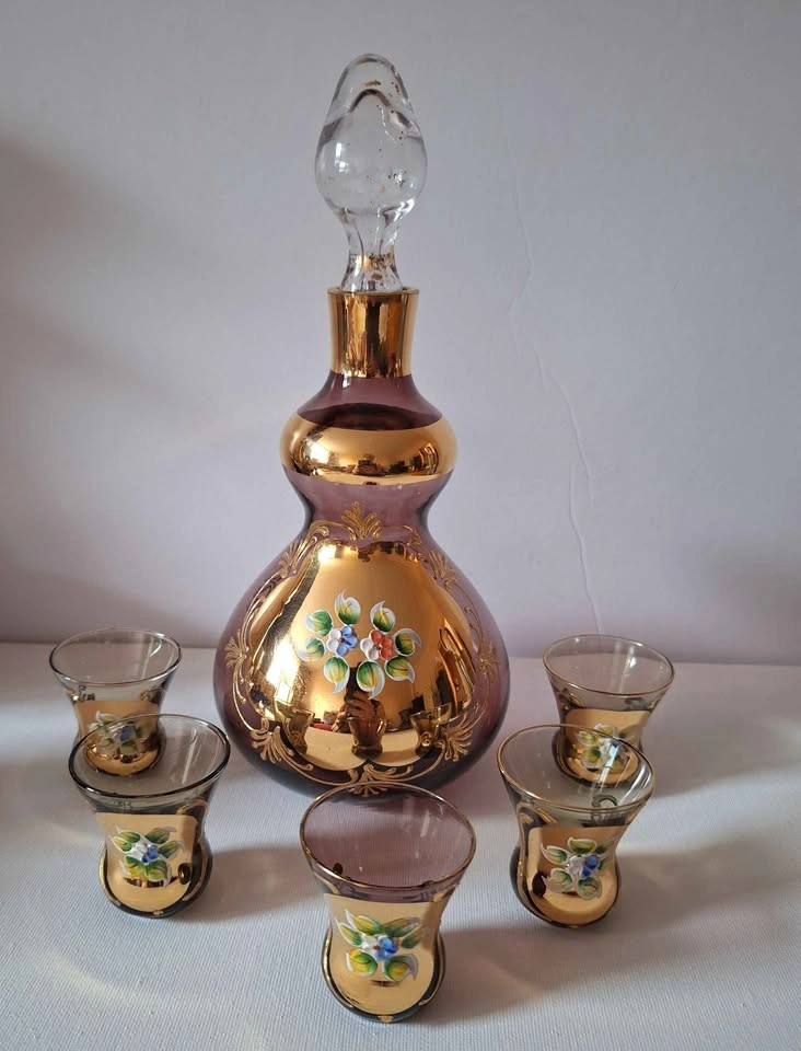 Vintage Purple Glass Decanter Set with Gold Overlay - photo 3