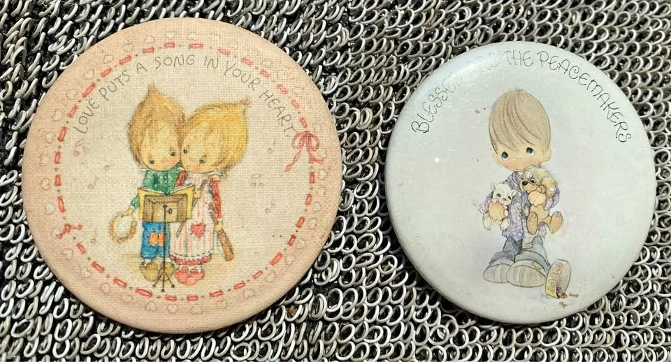 Two Vintage Precious Moments pin-back buttons thumbnail