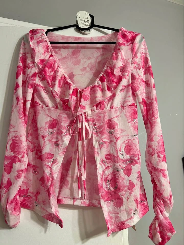 XS/S Pink mesh top floral print with rhinestones