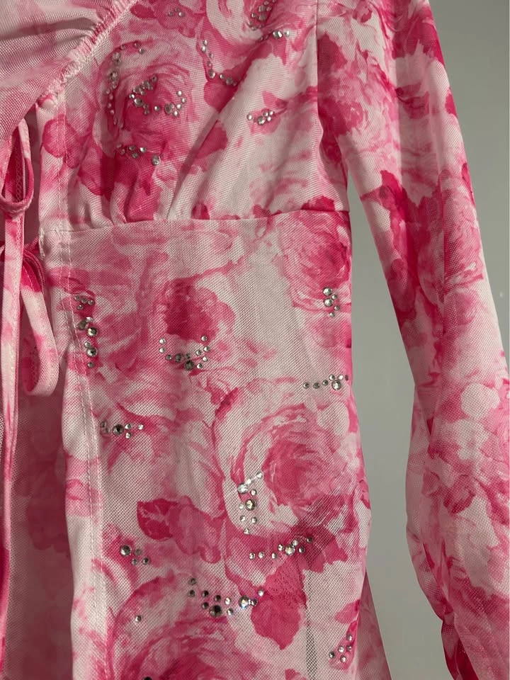 XS/S Pink mesh top floral print with rhinestones - photo 4