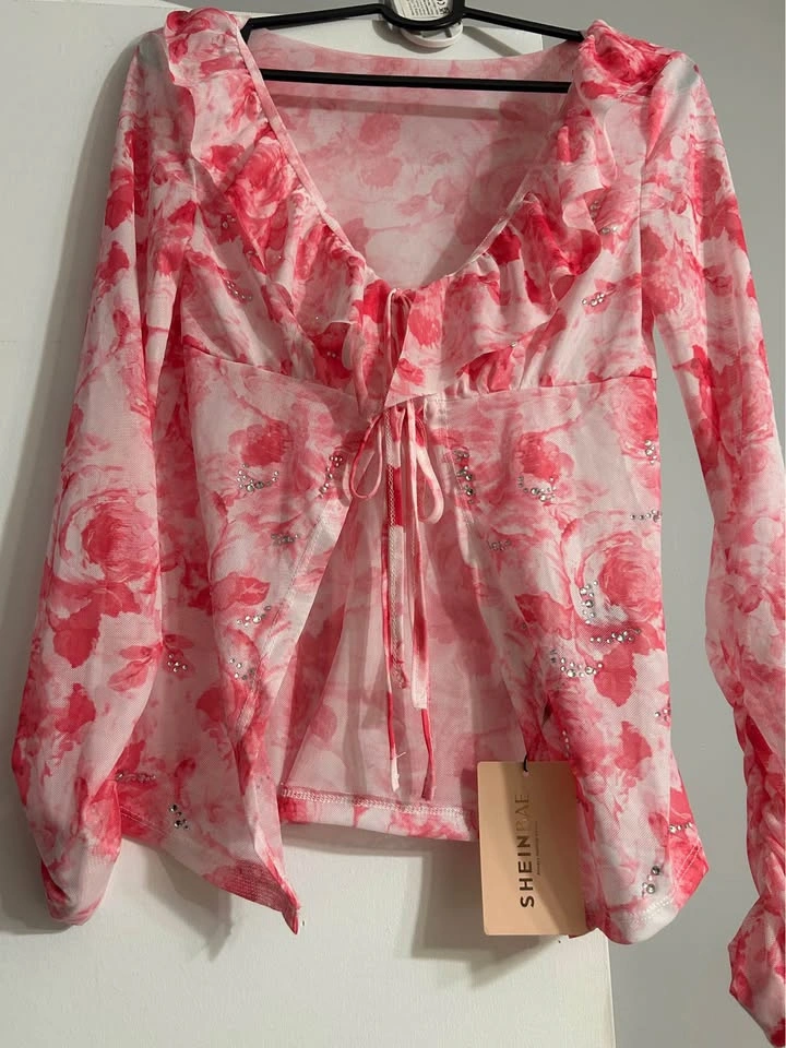 XS/S Pink mesh top floral print with rhinestones - photo 5