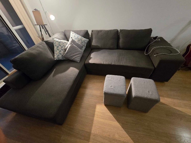 Charcoal Grey Sectional Sofa with Chaise and Two Ottomans