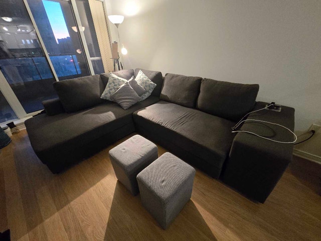 Charcoal Grey Sectional Sofa with Chaise and Two Ottomans - photo 3