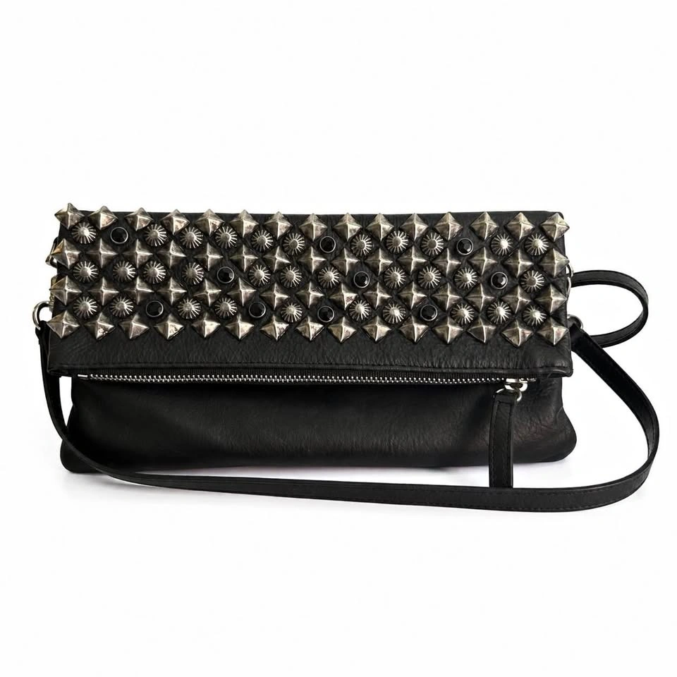 ASH Black Leather Studded Crossbody Convertible Clutch
