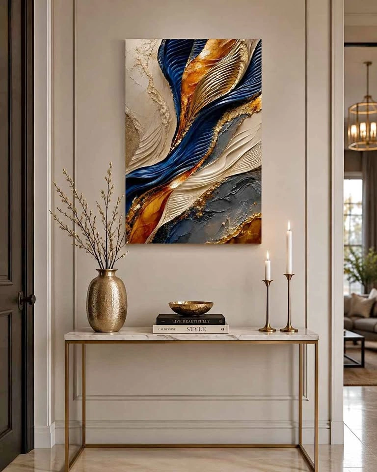 Luxury Abstract Canvas Wall Art – Navy, Gold & Amber | 16” x 24”