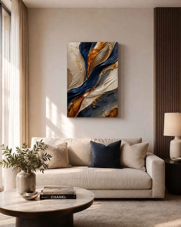 Luxury Abstract Canvas Wall Art – Navy, Gold & Amber | 16” x 24” - photo 3
