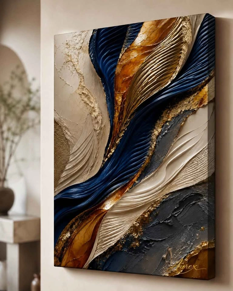 Luxury Abstract Canvas Wall Art – Navy, Gold & Amber | 16” x 24” - photo 4