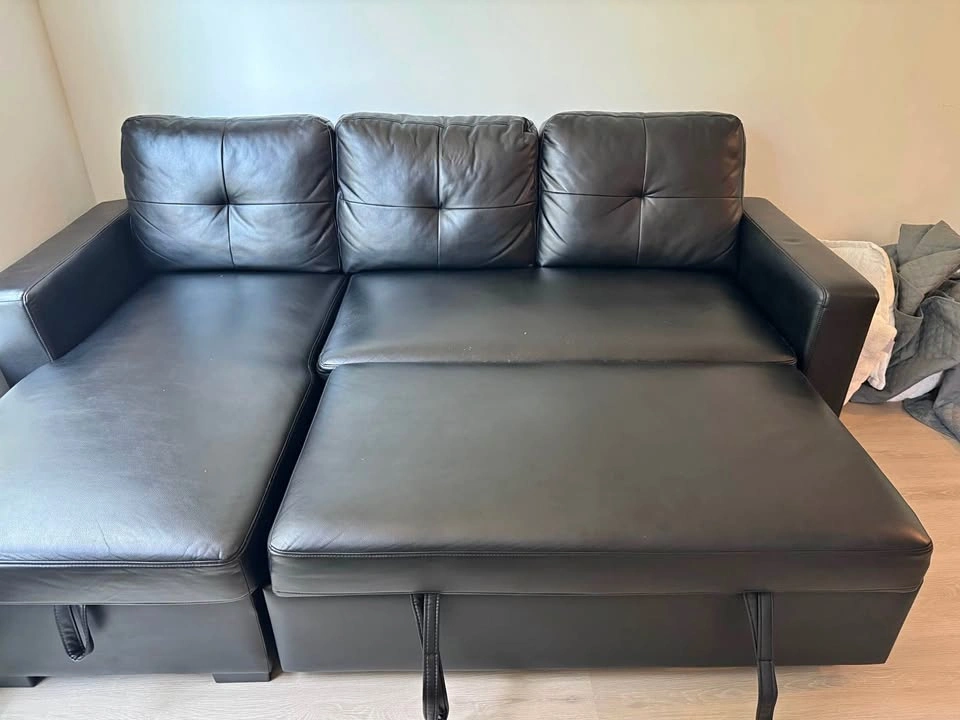 Black Faux Leather Sectional Sleeper Sofa with Storage Chaise
