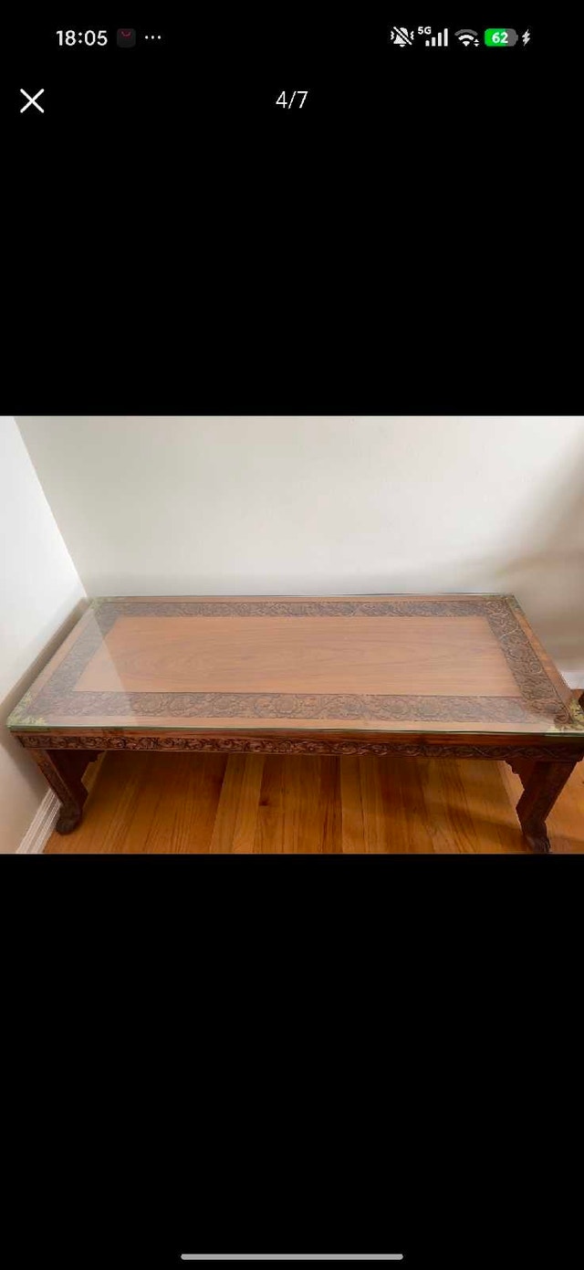 Vintage Hand-Carved Solid Wood Coffee Table with Glass Top