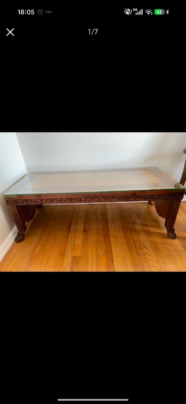 Vintage Hand-Carved Solid Wood Coffee Table with Glass Top - photo 4
