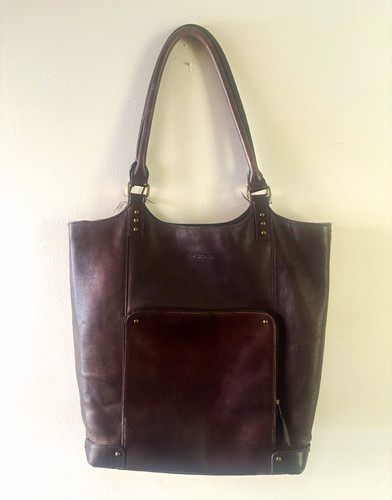 EDC Brown Tote Bag, Magnetic Closure, Blue Lined, Pockets, Botto
