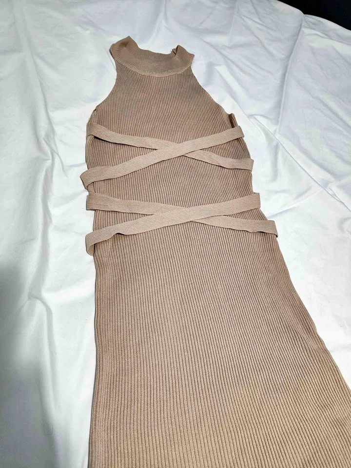 Tan Ribbed Knit Halter Dress with Criss-Cross Straps