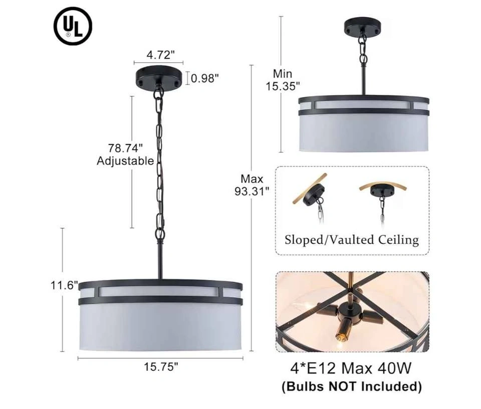 2-in-1 Convertible Modern Black Drum Chandelier 15.75" - photo 2