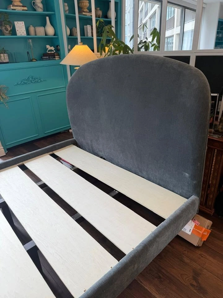 Queen Bed Frame - Grey Velvet Solid Wood - photo 3