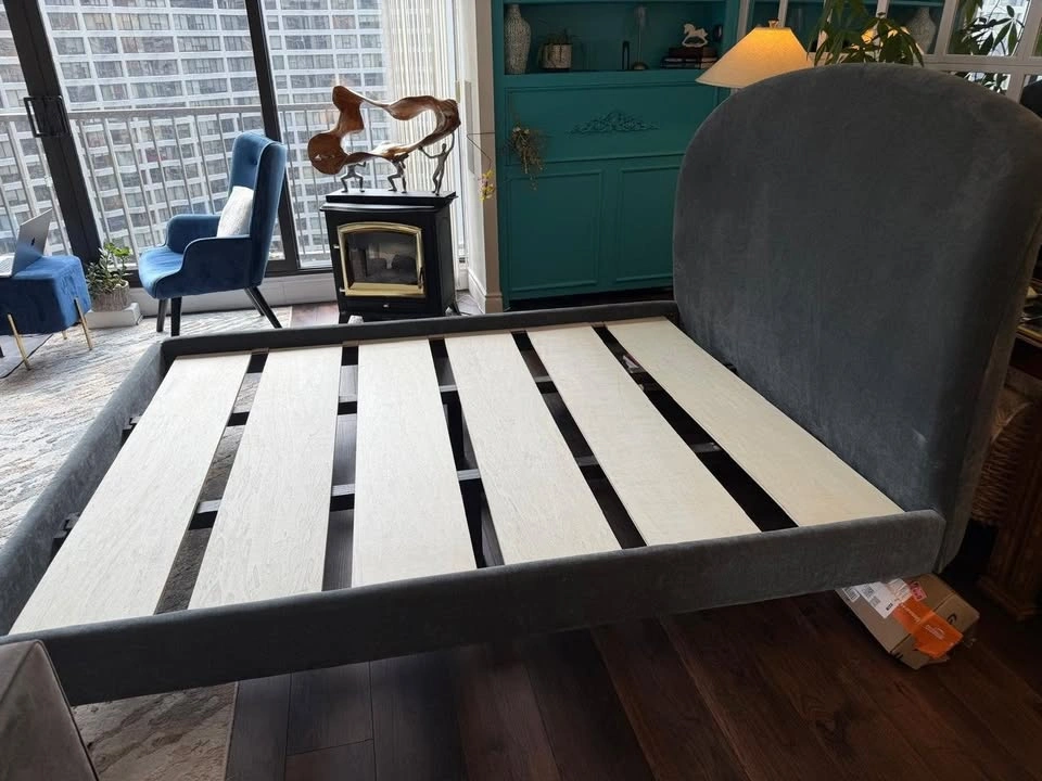 Queen Bed Frame - Grey Velvet Solid Wood - photo 4
