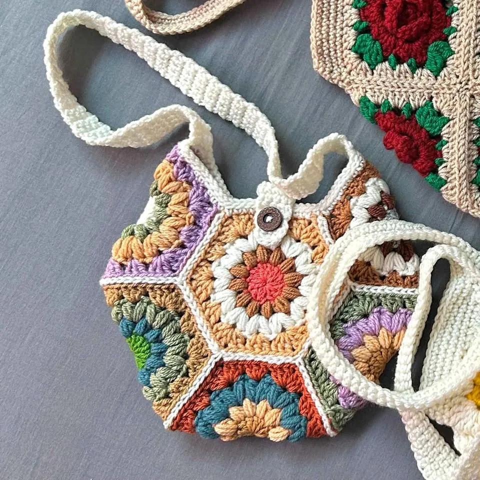 Boho handmade crochet tote bag thumbnail