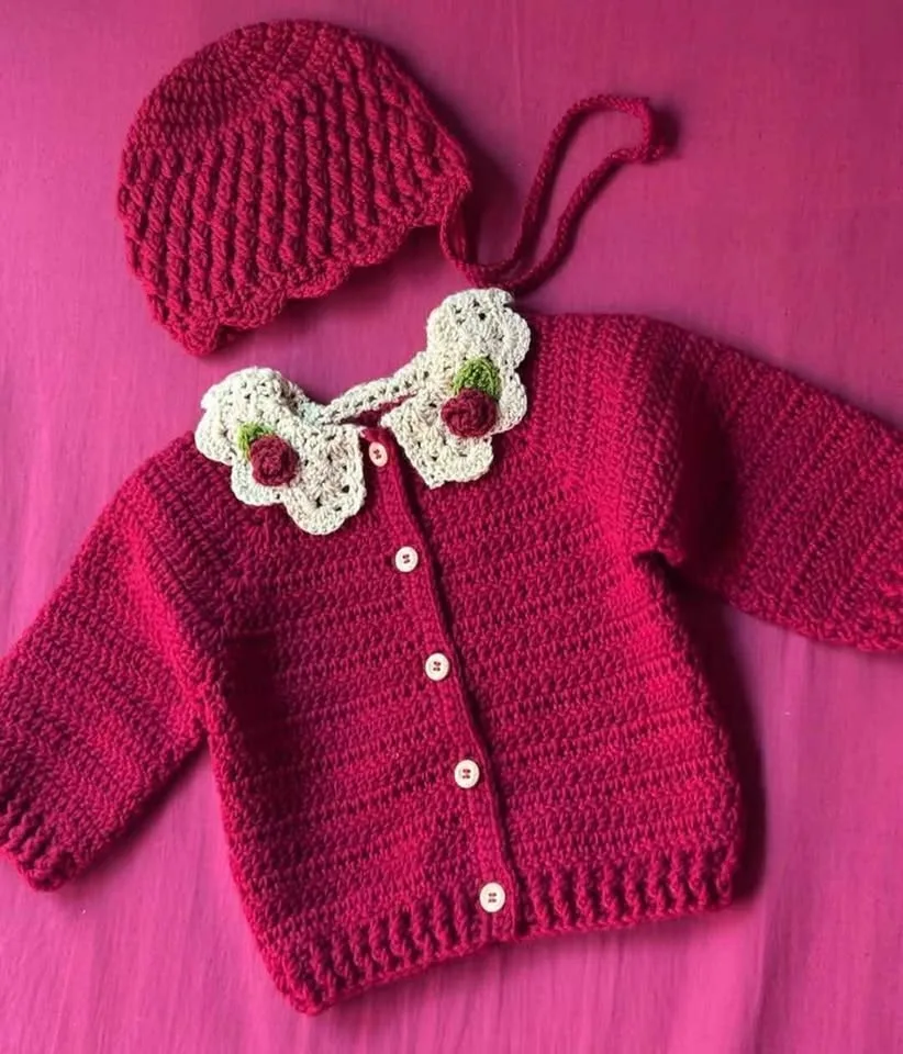 Handmade crochet baby girl sweater and bonnet image indicator(2)