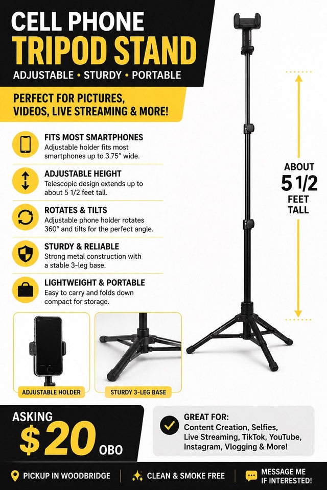 Adjustable Cell Phone Tripod Stand – 5.5 ft Tall