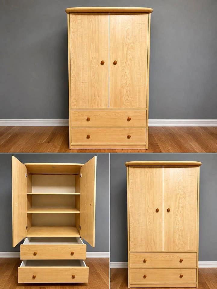 Modern Maple Wood Armoire / Wardrobe with Drawers