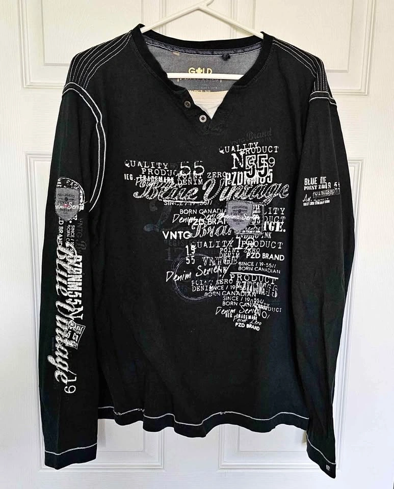Point Zero Gold Men's Long Sleeve Graphic Henley Shirt - Size Me