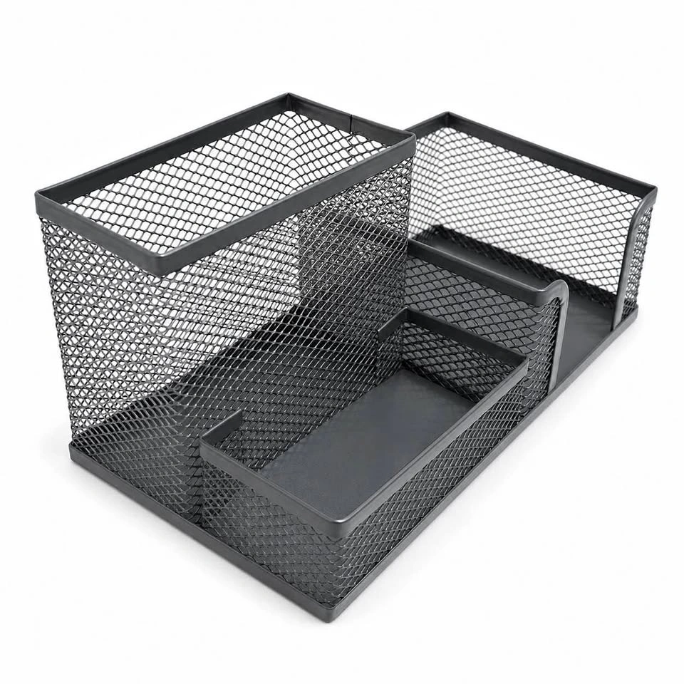 3-Compartment Metal Mesh Desk Organizer – Pen Holder & Tray