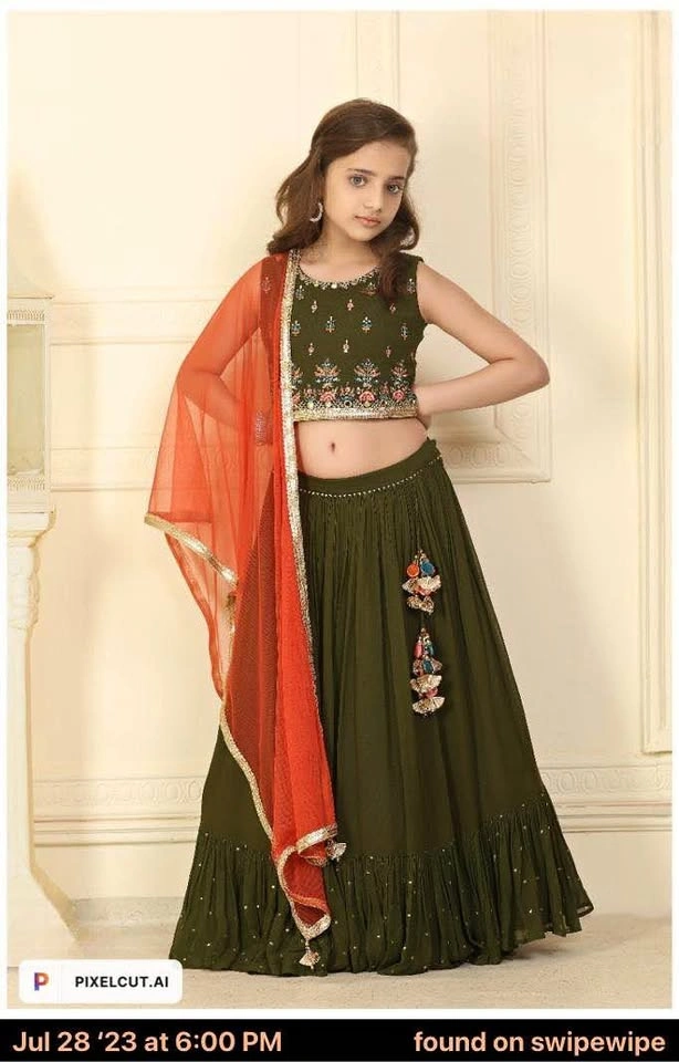 Girls Lehenga Set - Olive Green
