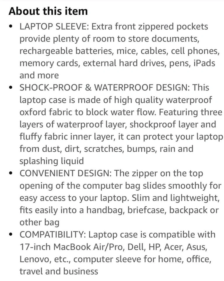 17 inch Laptop Sleeve Bag for MacBook, Dell, HP, Acer - photo 5