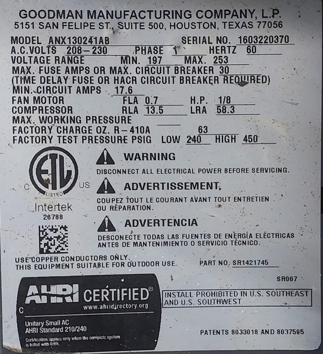 Goodman ANX130241AB – 2 Ton Outdoor Air Conditioner - photo 5
