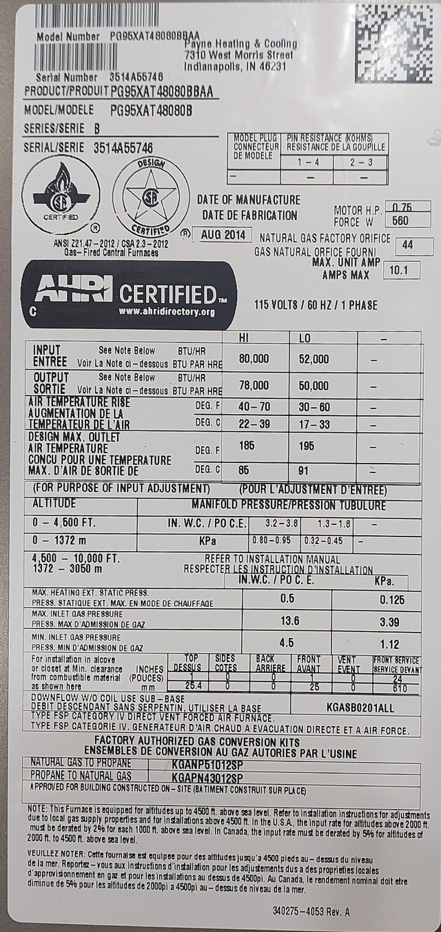 High-Efficiency Gas Furnace Specifications – Payne PG95XAT48080B - photo 3