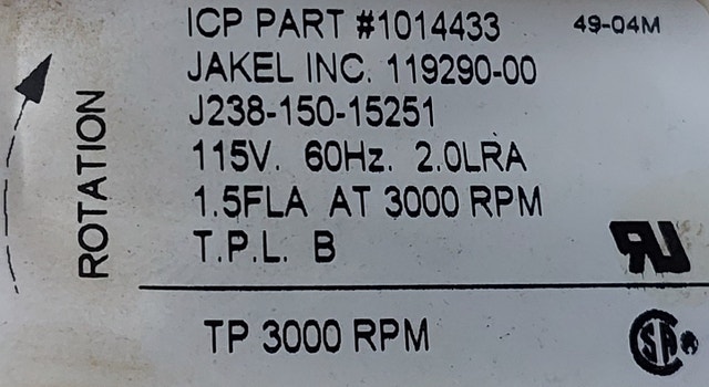 JAKEL Draft Inducer Motor (Model J238-150-15251) M077 - photo 3