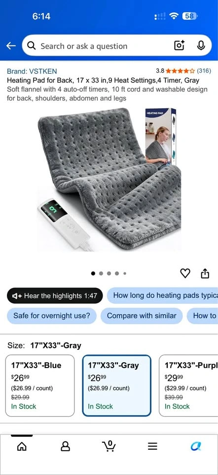 Heating pad 17” x 33” - Gray