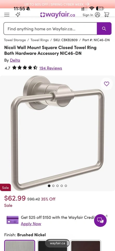 Nicoli Wall Mount Square Closed Towel Ring Bath Hardware - photo 2