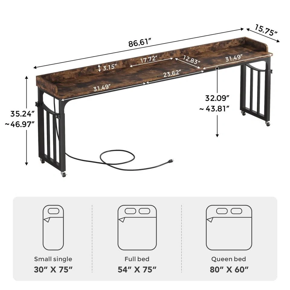 87'' W Height Adjustable Overbed Table With Power Outlet - photo 2