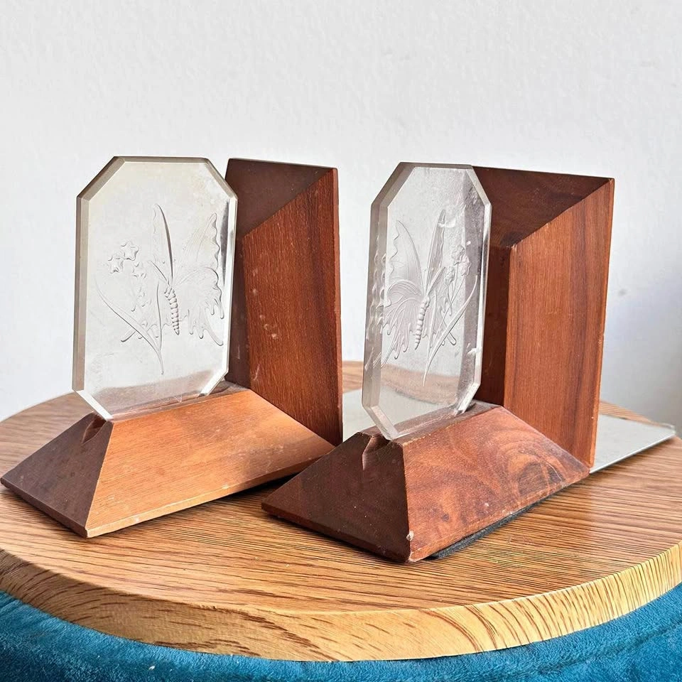 Vintage Mid-Century Butterfly Bookends – Teak Wood & Glass
