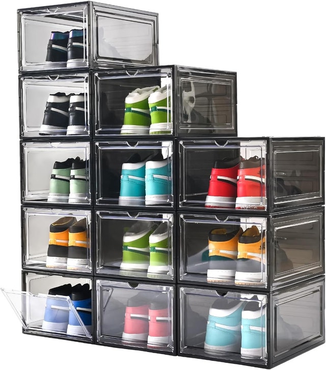 Large Clear Plastic Stackable Shoe Boxes Magnetic Doors - 12box