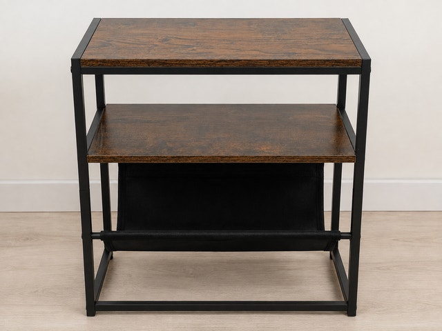 Rustic Industrial 3-Tier Side Table with Fabric Magazine Sling