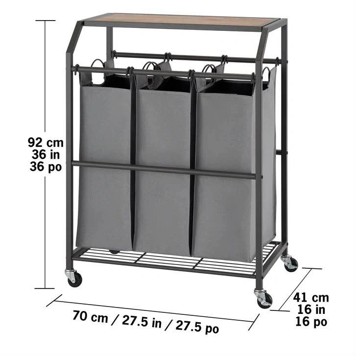3-Bag Rolling Laundry Sorter with Wood Top brand new - photo 2