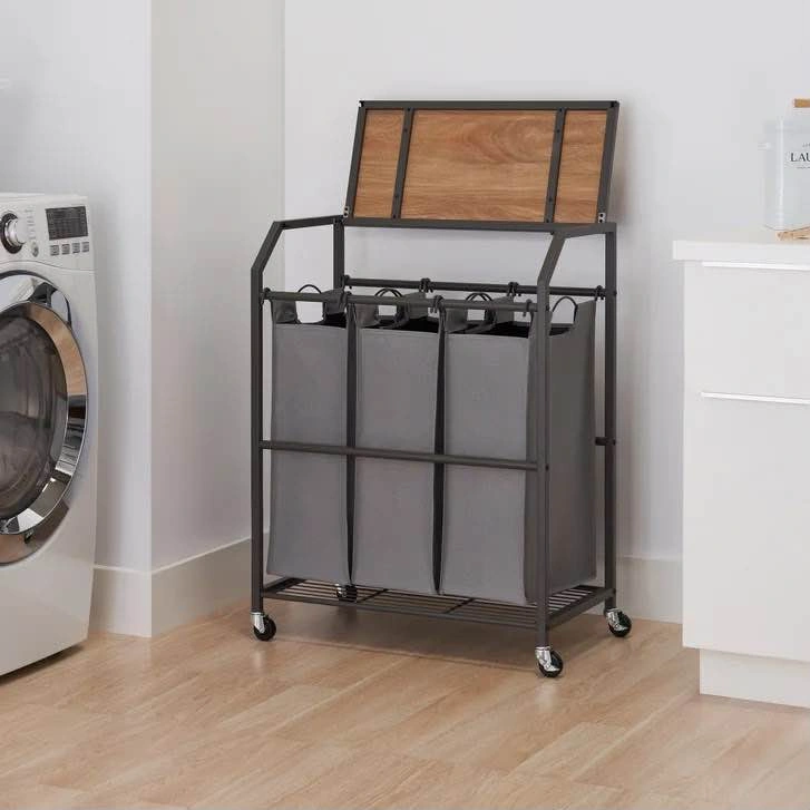 3-Bag Rolling Laundry Sorter with Wood Top brand new - photo 3