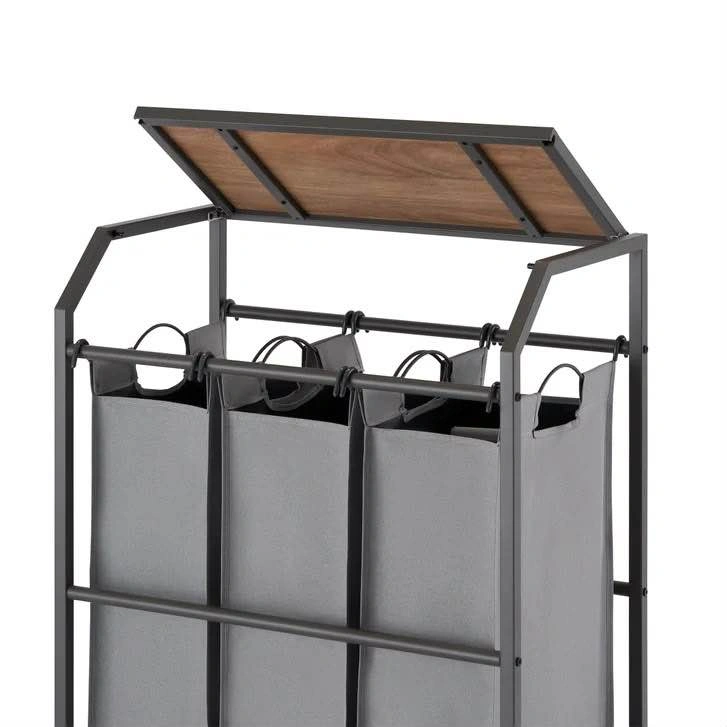 3-Bag Rolling Laundry Sorter with Wood Top brand new - photo 4