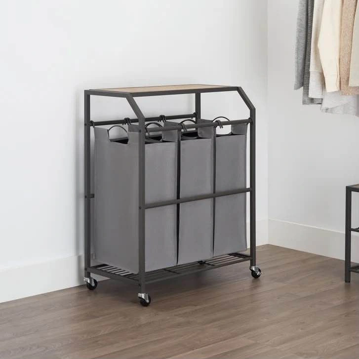 3-Bag Rolling Laundry Sorter with Wood Top brand new - photo 5
