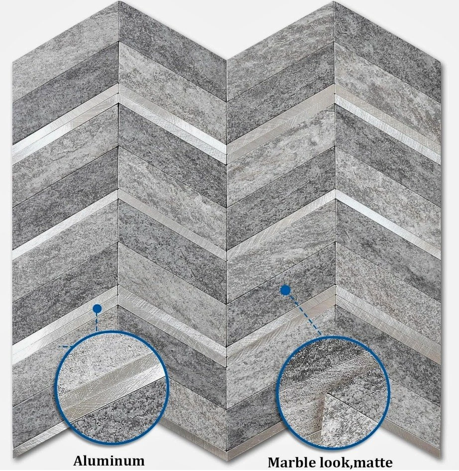 Grey & Aluminium Herringbone Peel-and-Stick Wall Tiles