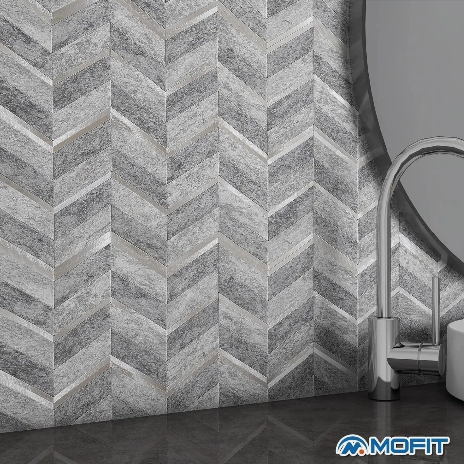 Grey & Aluminium Herringbone Peel-and-Stick Wall Tiles - photo 3