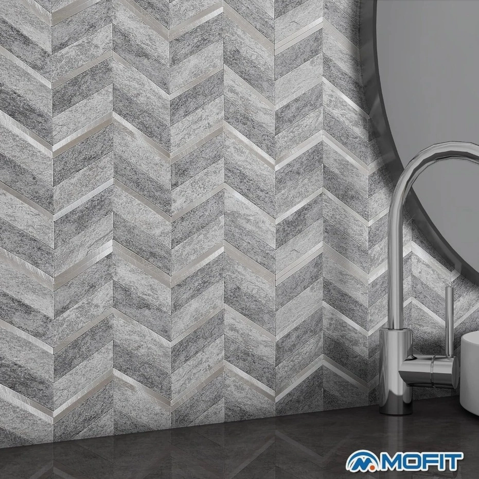 Grey & Aluminium Herringbone Peel-and-Stick Wall Tiles - photo 4