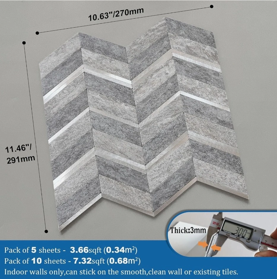 Grey & Aluminium Herringbone Peel-and-Stick Wall Tiles - photo 5