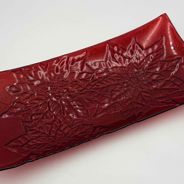 Glass Decorative Poinsettia Serving Platter Tray Like New Red