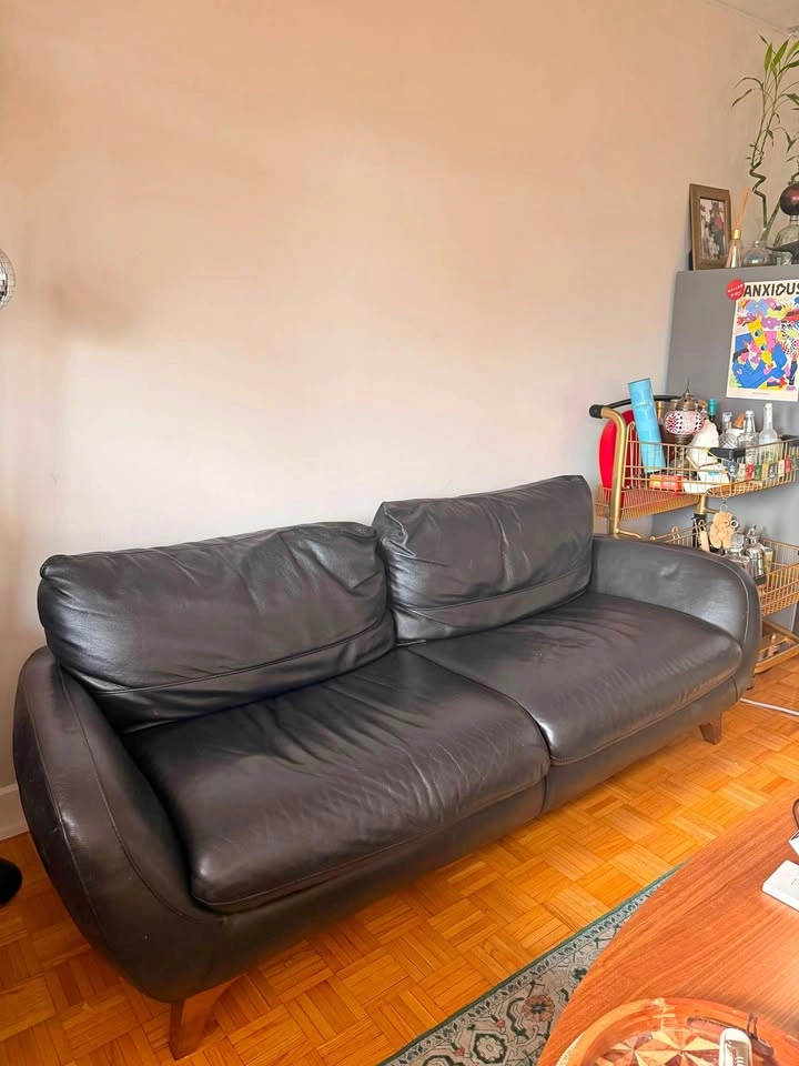 Black Leather Mid-Century Modern Sofa