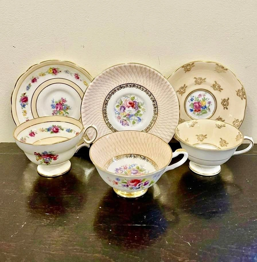 Vintage Bone China Teacup and Saucer Set - 3 Pairs