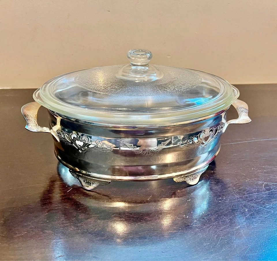 Vintage Glasbake J-235 Silver Plated Casserole Dish with Lid