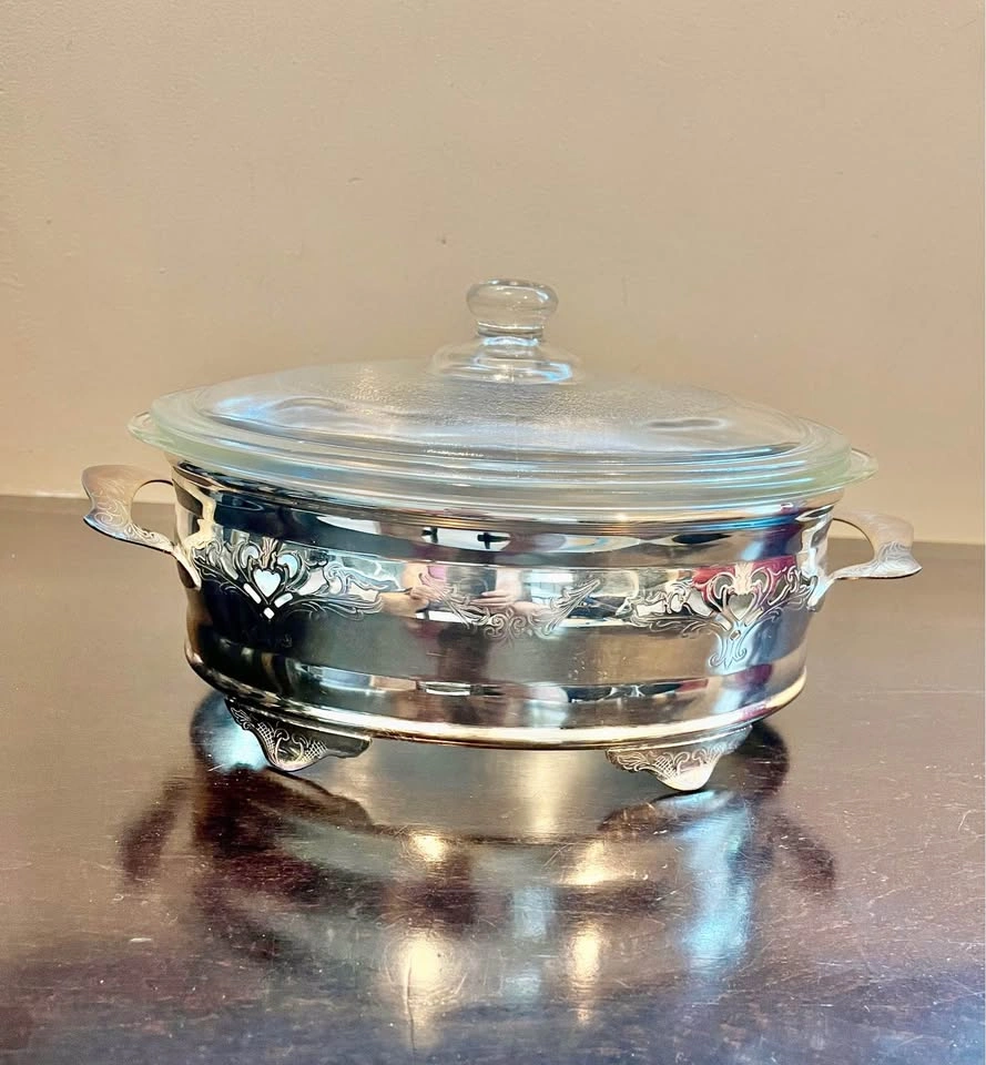 Vintage Glasbake J-235 Silver Plated Casserole Dish with Lid - photo 3
